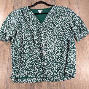J Crew Top Womens Large Green Floral Print Short Sleeve V Neck Preppy Feminine